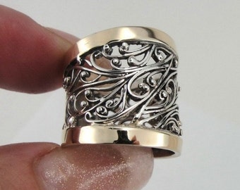 9K Gold & Sterling Silver Filigree Ring, Wide Band, Size 7