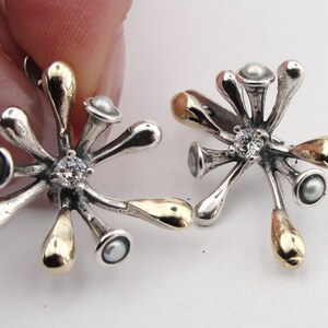 Pearl earrings, Silver and Gold earrings, Post Pearl earrings, Yellow gold earrings, CZ Earrings (ms 415e)