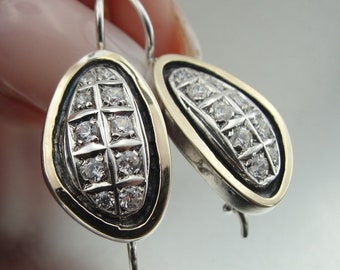 Art Deco, vintage Earrings, Long 925 Sterling Silver &  9K Yellow Gold Zircon Earrings, round earrings, Handmade CZ Earrings.  (ms e1313)