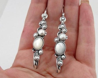 Jewela Handcrafted Sterling Silver Pearl Earrings, Long Earrings, Pearl Earrings, White Pearl,  Gemstone earrings, Everyday earrings (h 2151