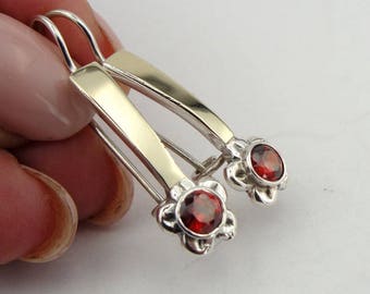 Delicate Long Garnet Silver Earrings, 9K Yellow Gold & 925 Sterling Silver Garnet Earrings, Flower Earrings, Gold Earrings, Gift (s r1188)