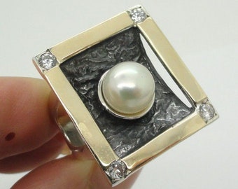 Square 9K Yellow Gold 925 Sterling Silver Pearl Ring size 8, White Pearl ring, Wedding Band, Yellow Gold Ring, birthday, Gift  (sr 2196a)