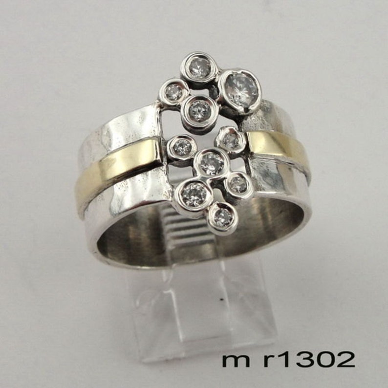 Handcrafted 9k yellow gold & 925 sterling Silver glittery CZ ring , wide band, wedding band ms r1302 image 2