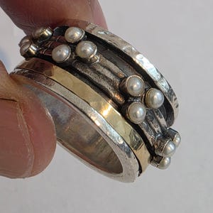 White pearl Ring, Sterling silver and yellow Gold Ring, jewela jewelry,Israel jewelry  r102- size 8.5