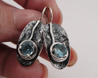 Blue Topaz 925 Silver Earrings, Handmade Oblong Silver Blue Topaz Earrings, 925 oxidized silver topaz earrings, Silver topaz earrings (s