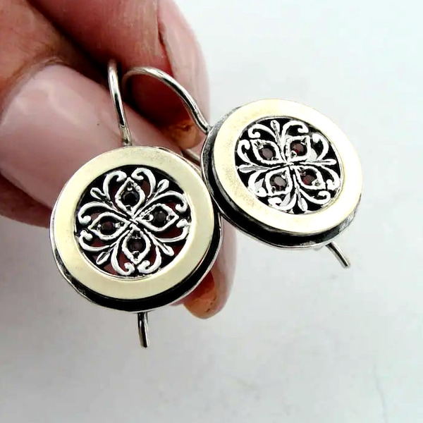 925 Silver 9K Gold Garnet Earrings: Round Filigree Israeli Jewelry