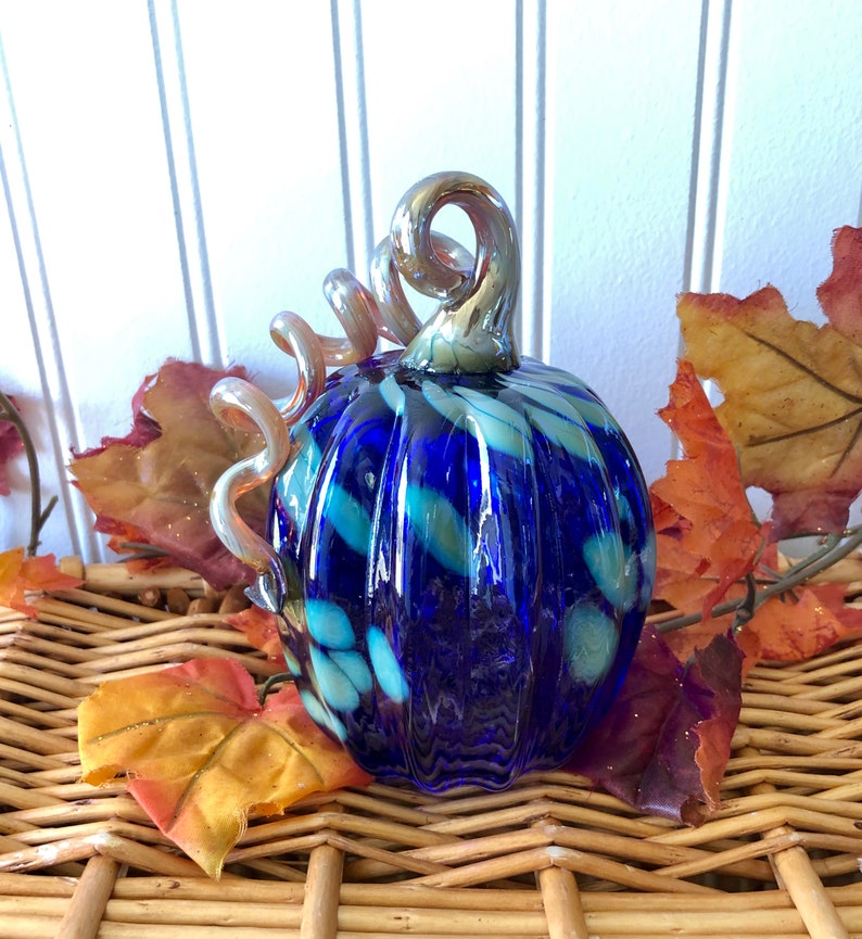 Cobalt Blue Teal Gold Blown Glass Pumpkin | Etsy