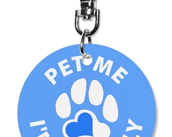 Blue Dog Pet Me I'm Friendly Blue or Pink Heart 2 inch Aluminum Dog Tag for dogs Clip On Lobster Clasp Keychain Key Fob personalization