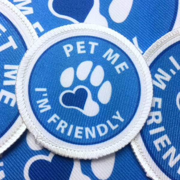 Pet Me I’m Friendly Dog Patch. Vest Harness Cape Jacket With VELCRO® Brand Hook Option  / Pink Blue Purple - Friendly Dog Patches