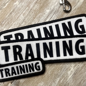 May include: Three white patches with black text that reads "TRAINING" in all caps. The patches are made of a fabric material and have a black border.