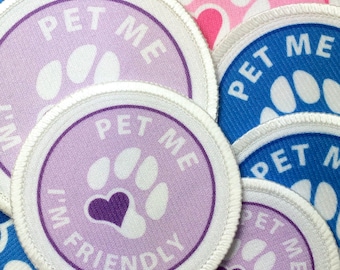 Pet Me I’m Friendly Dog Patch | Purple Dog Patches | Dog Patch | Vest Cape Harness Sew-on Patches | Custom Dog Gear | Hospital Patient