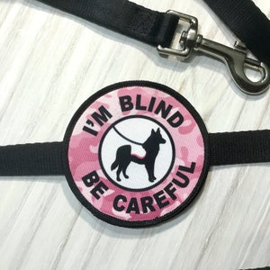 May include: Pink camouflage dog leash with a round patch that says "I'm Blind Be Careful" with a black silhouette of a dog in the center.