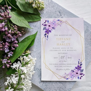 Purple Watercolor Floral Wedding Invitation with Gold Accents | Customizable Elegant Design, Digital purple wedding template, Editable #WI33