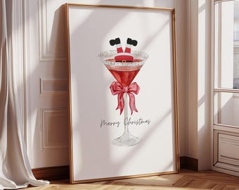 Christmas Martini Poster | Holiday Bar Cart Decor | Christmas Trendy Wall Art | Santa Bow Martini Drink | Instant Download | Digital Prints