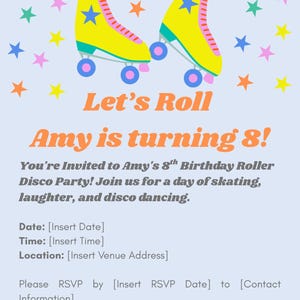 Kids Birthday Invitation Roller Disco Editable Template | Retro Roller Skating Party Printable Invite Canva | Instant Download