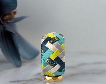 Kaga Yubinuki, Woven Pattern Japanese Thimble Pendant – Blue & Green Handmade Jewelry, Sashiko Thimble – Traditional Japanese Embroidery