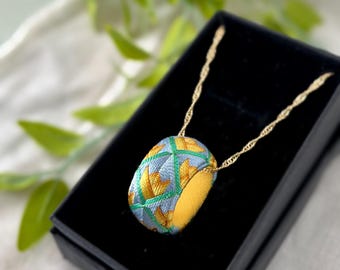 Japanese Embroidery Necklace, Silk Thread Jewelry, Yubinuki Pendant, Collectible Thimble - Handmade with Cultural Elegance, "Kaga Yubinuki"