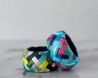 Sashiko Thimble – Kaga Yubinuki, Woven Pattern Japanese Thimble Pendant – Blue & Pink Handmade Jewelry, Traditional Japanese Embroidery