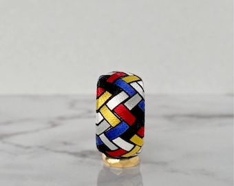Kaga Yubinuki – Mondrian Color Block Thimble Necklace, Japanese Silk Embroidery Ring, Geometric Weave in Primary Colors, OOAK