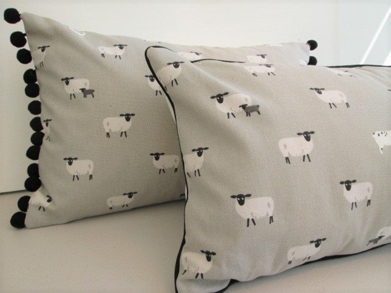 Sophie Allport Sheep Fabric Cushion Cover With Black Pom Poms Etsy