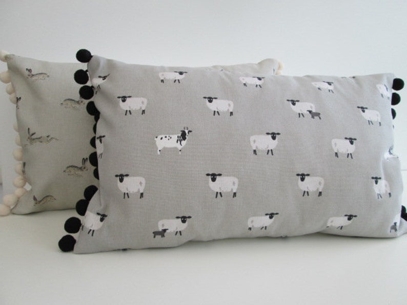 Sophie Allport Sheep Fabric Cushion Cover With Black Pom Poms Etsy