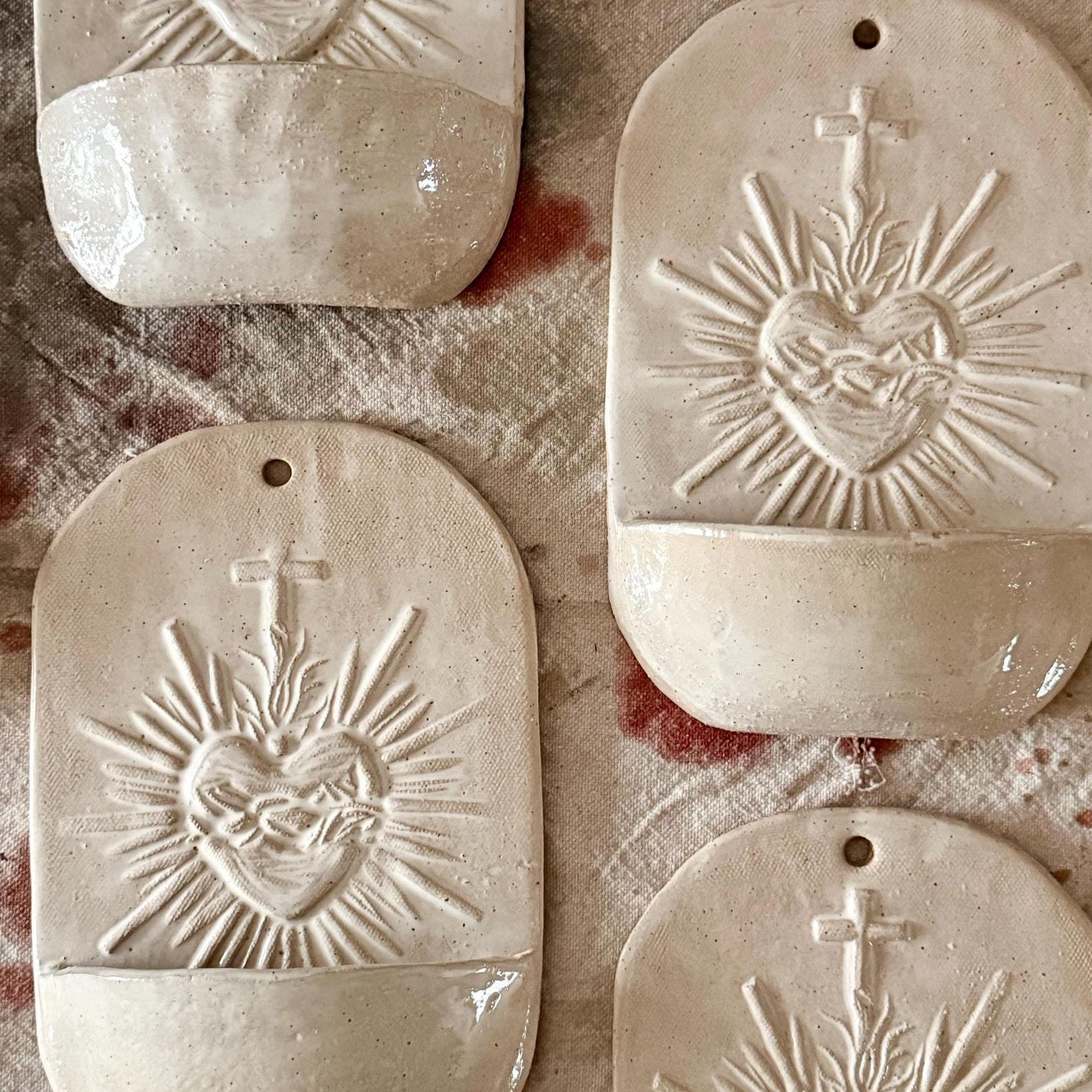Handmade Sacred Heart Holy Water Font – Ceramic Catholic Decor