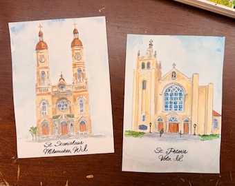 Hand-Painted Watercolor Church Portrait by Catholic Artist - Original Painting of your Parish or Wedding Church - Custom Gift for Priest