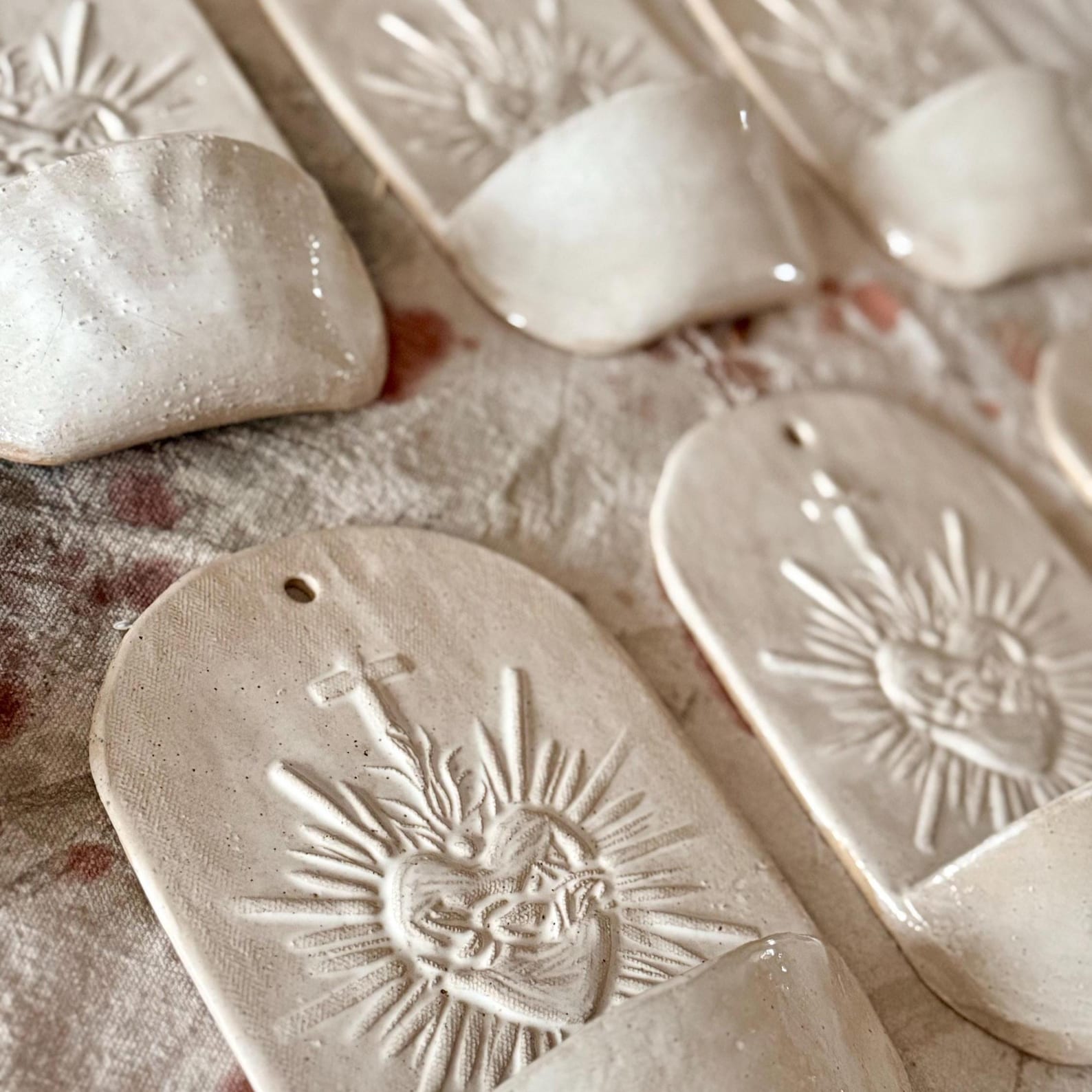 Handmade Sacred Heart Holy Water Font – "Speckled Clay"