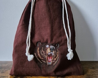 Cotton dice bag with bear embroidery larp drawstring pouch cosplay accessory DnD dungeons & dragons cottagecore ranger druid fantasy game
