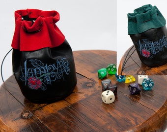 Large leather dice bag vampyre embroidery larp pouch rpg gamer geek nerd gift fantasy cultist costume black red vampire world of darkness