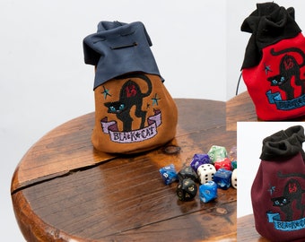 Large leather dice bag black cat embroidery rpg larp costume drawstring pouch gamer gift dungeons dragons pathfinder critter dnd un lucky 13