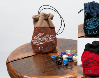 Large leather dice bag with lucky rabbit embroidered larp pouch dnd tabletop accessory for dungeons and dragons rpg fantasy costume ren fair