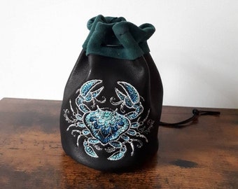 Large leather dice bag crab embroidery drawstring pouch medieval clothing larp costume ren fair dungeons dragons rpg game nautical steampunk