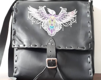Large leather shoulder bag larp costume accessory bella muerte raven embroidery big fantasy clothing lrp adventurer cosplay dark academia