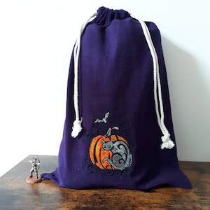 カボチャと猫の刺繍入りコットンハロウィンバッグ、LARP用巾着ポーチ、コスプレアクセサリー、DnD猫用サイコロバッグ、ダンジョンズ&ドラゴンズ用トリートバッグ