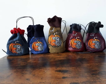 Large leather pouch pumpkin cat embroidery drawstring dice bag larp costume ren faire dungeons dragons rpg gift halloween cosplay accessory