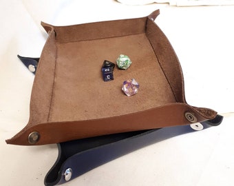 Custom leather dice tray tabletop roleplaying games decorative key tray snap handmade home decor ttrpg gamer gift geek dungeons dragons dnd