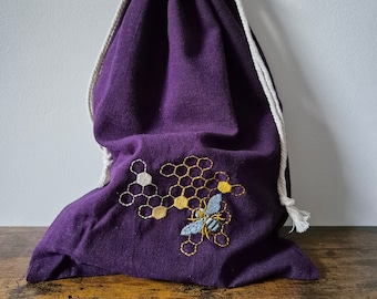 Cotton Halloween bag with bee embroidery larp drawstring pouch cosplay accessory DnD dice bag dungeons & dragons cottagecore ranger druid