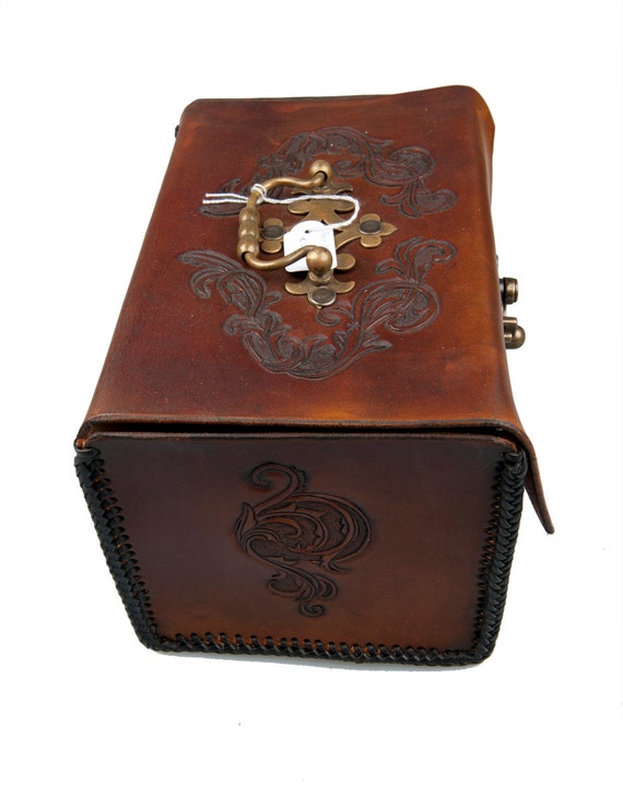 Brown Leather Box With Embossed Flourishes Handle and Hook Closure