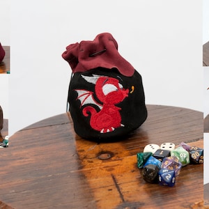 Grande saco de dados de couro bebê dragão bordado larp bolsa rpg gamer geek presente fantasia medieval traje cosplay vermelho preto sca