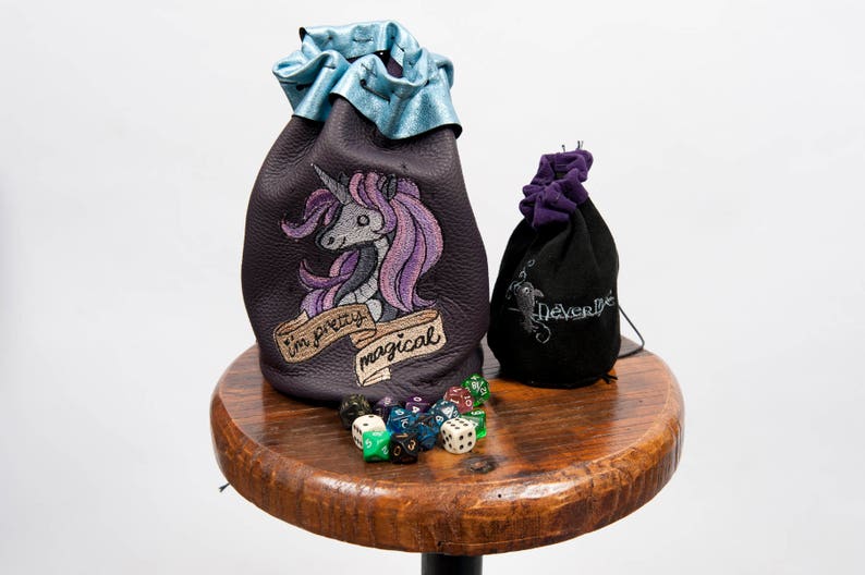 Large leather dice bag rpg gamerundead unicorn embroidery larp pouch tabletop dungeons dragons geek nerd gift costume accessory blue purple