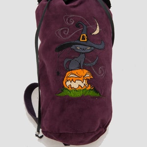 Burgundy purple coloured leather bag with Halloween cat embroidery fall fashion drawstring bucket bag handstitched larp pumpkin