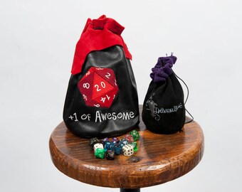 Extra large leather dice bag D20 of awesome embroidered leather pouch for Dungeons and Dragons bag jumbo rpg gamer tabletop accessory big