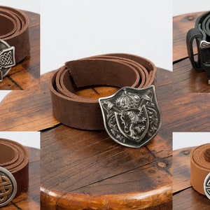Long leather medieval belt with various trophy buckles fantasy larp costume cosplay renaissance faire clothing accessory celtic lion horse