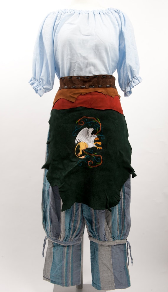 Brown Green Leather Battle Skirt Gryphon Embroidery Larp Etsy