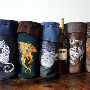 Copri-termos in pelle per LARP o borsa per bottiglia di vino ricamata, accessorio per costume per cosplay, porta-acqua fantasy medievale, porta-caffè e tè, ren
