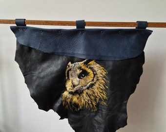 Leather side banner for larp costume armor owl embroidery magical woodland cosplay renaissance lrp fairytale shaman druid viking cottagecore