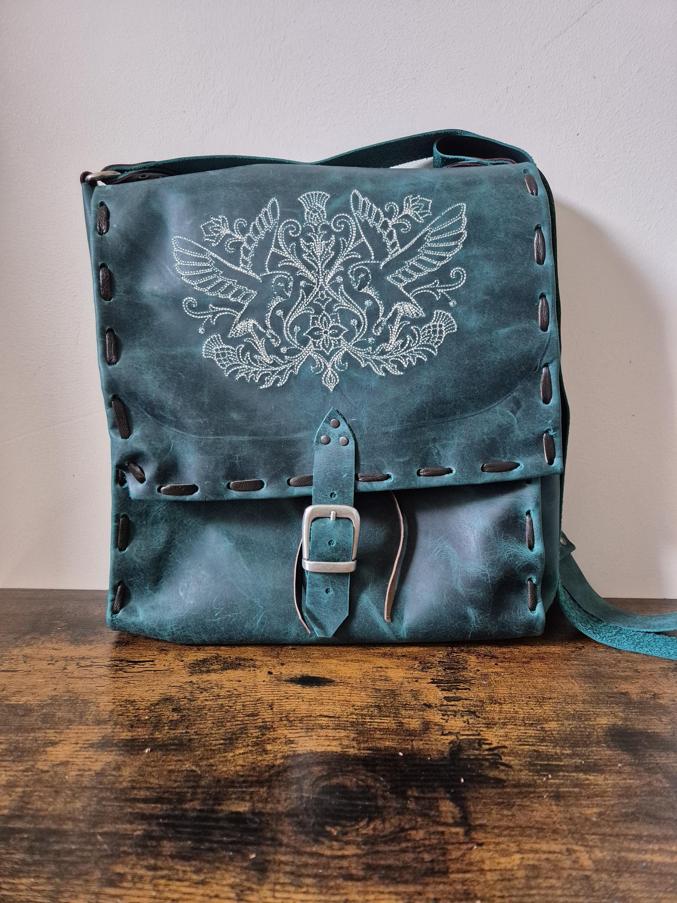 Green Leather Shoulder Bag: Owl Embroidery, LARP Costume, Festival Clothing