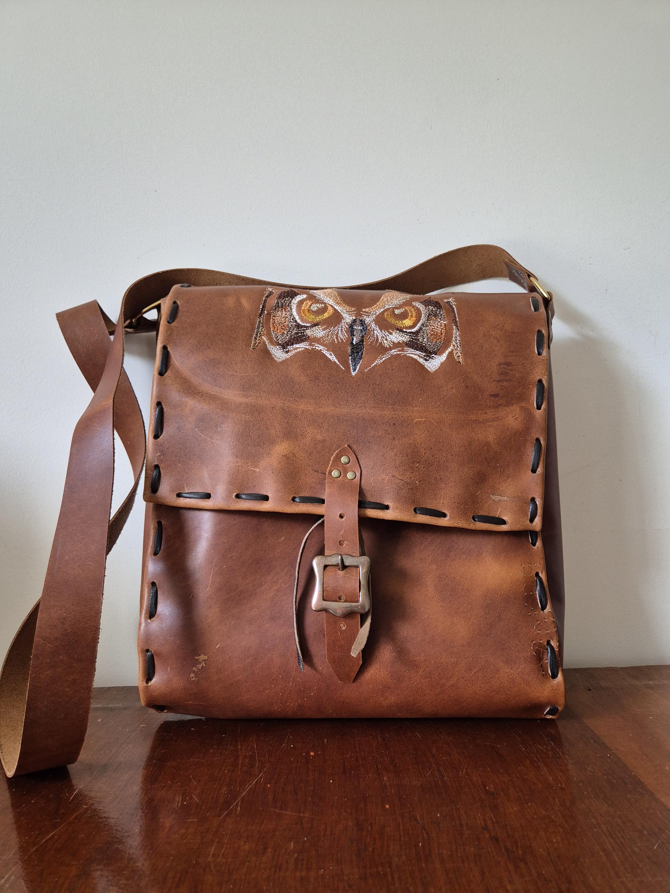 Brown Leather Shoulder Bag: Owl Embroidery, LARP Costume, Festival Clothing