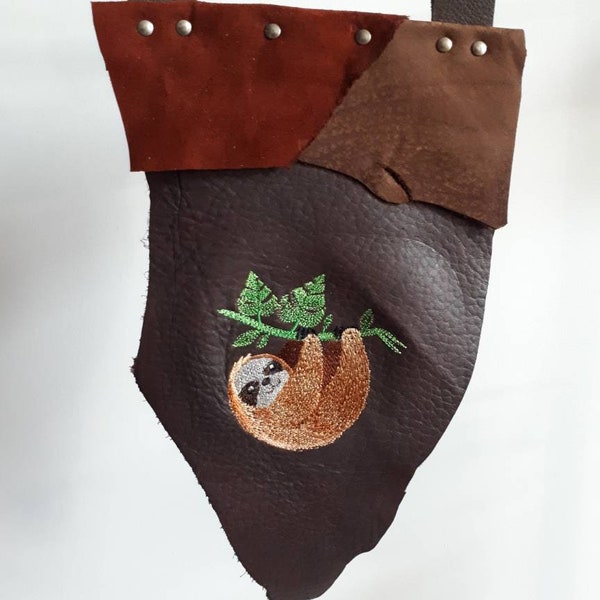 Brown leather mini banner with sloth embroidery larp accessory fantasy costume renaissance faire house symbol logo tropical ranger lrp kit